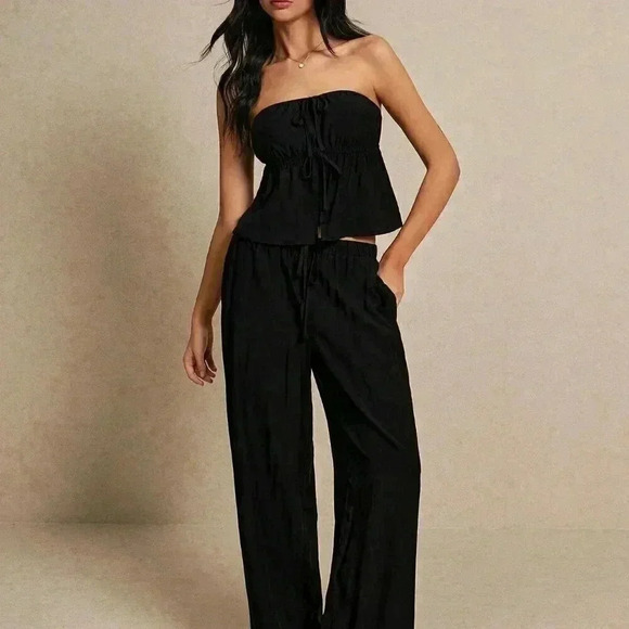 Black Sexy Women's Summer Fashion Linen Crop Top & Wide Leg Trouser Set - Picture 6 of 6